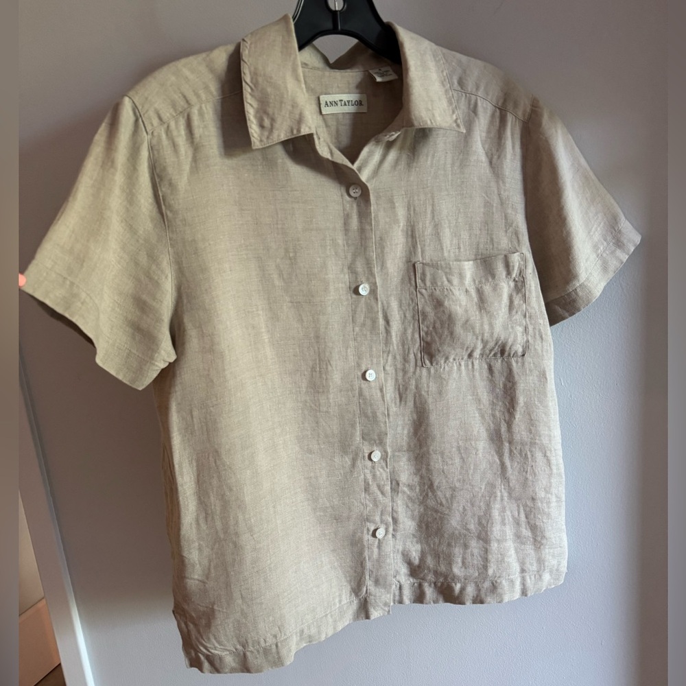 Vintage Ann Taylor Linen Tan Khaki Button Down Short Sleeve Blouse Top Size 4